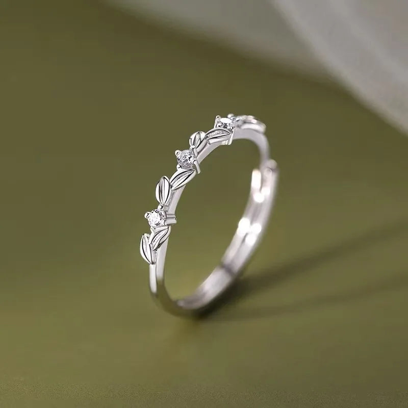 925 Sterling Silver Zircon Ear of Wheat Adjustable Ring