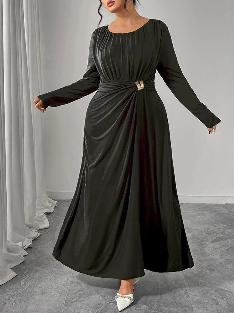 GIBSIE  Pleated O-Neck Long Sleeve Maxi Dress