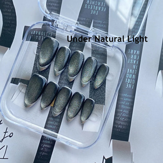 10Pcs Handmade Press on Nails Full Cover Hallowmas Black Cat Eye French Almond False Nails Metals Design Wearable Manicure Tips