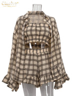 Loose Plaid Cotton Shorts Set