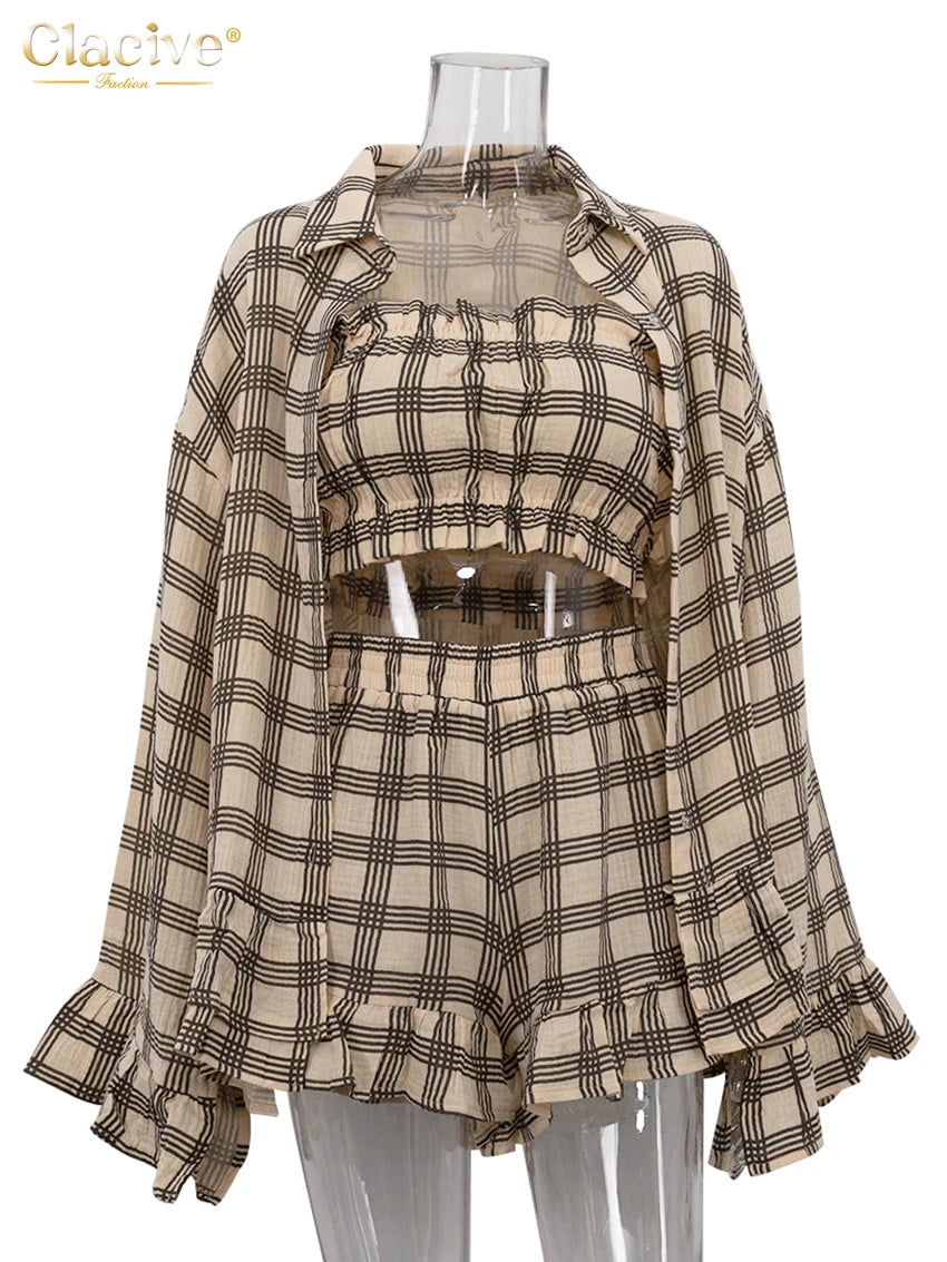 Loose Plaid Cotton Shorts Set