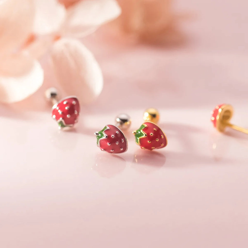 925 Sterling Silver Red Strawberry Earrings
