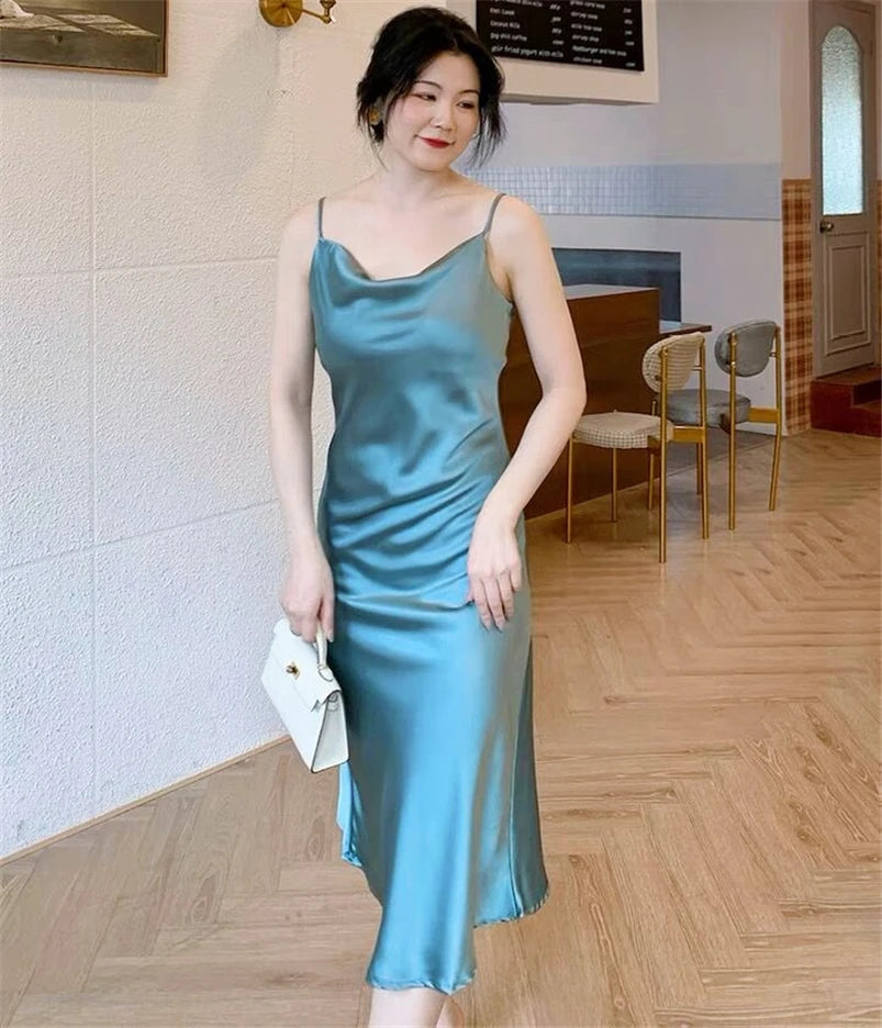 Solid Ice Silk Spaghetti Strap Dress