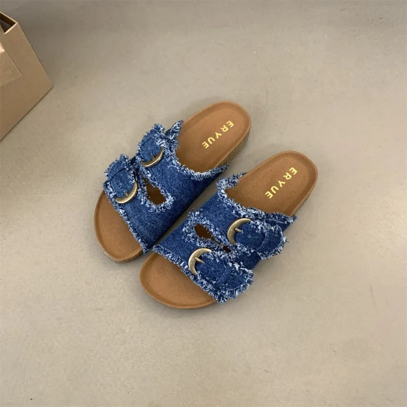 Distressed Denim Double Strap Slide Sandals