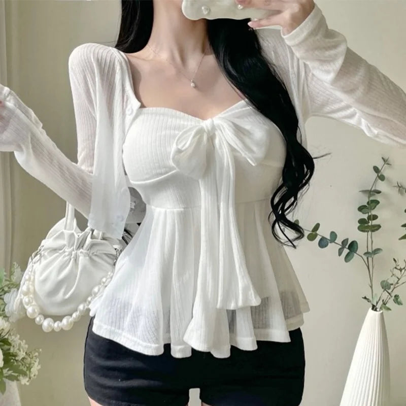 Sweetheart Bow Peplum Camisole & Bolero Cardigan Set