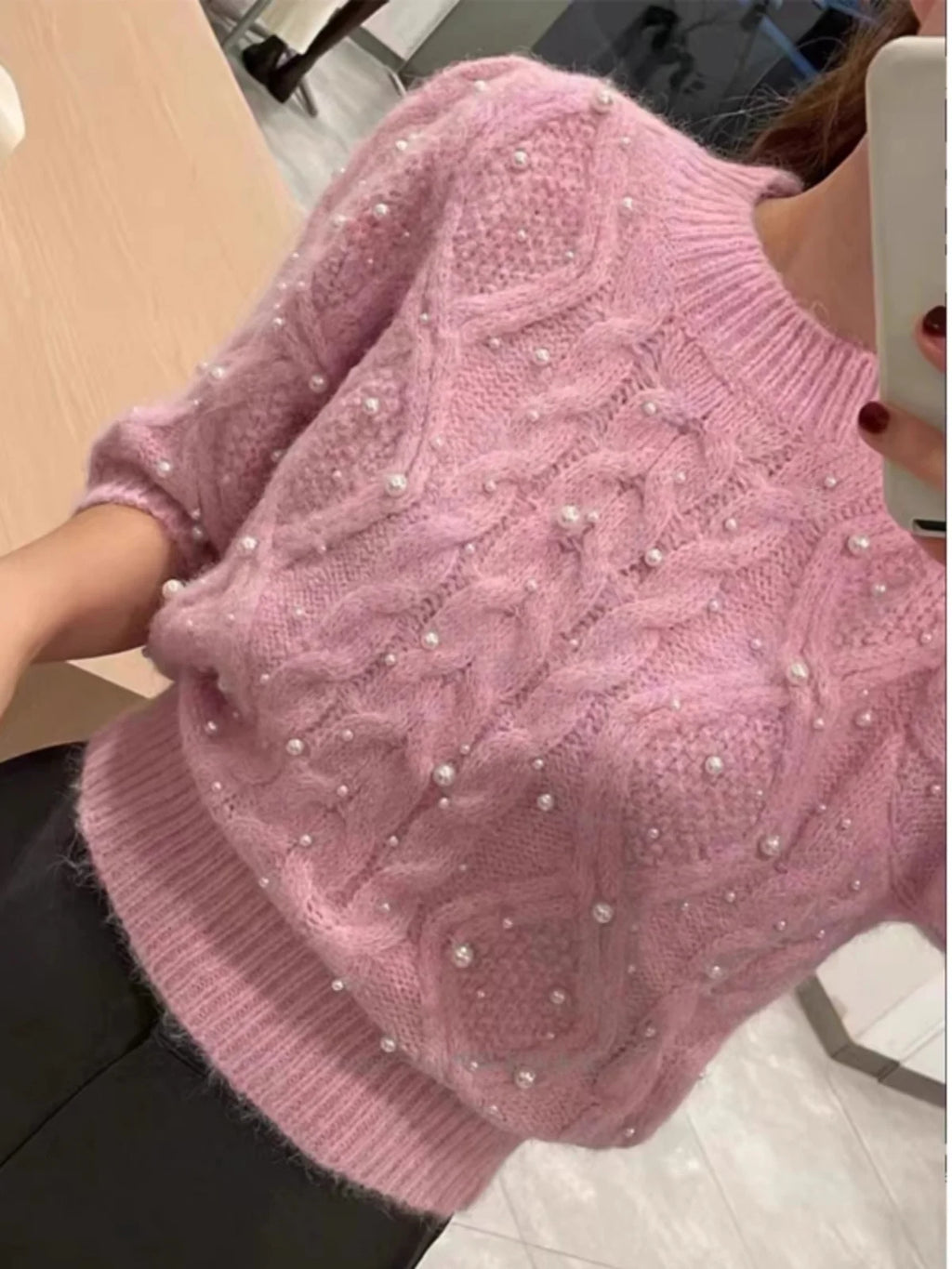 Bubble Sleeve Knitwear Round Neck Short Sleeve Sweater Top