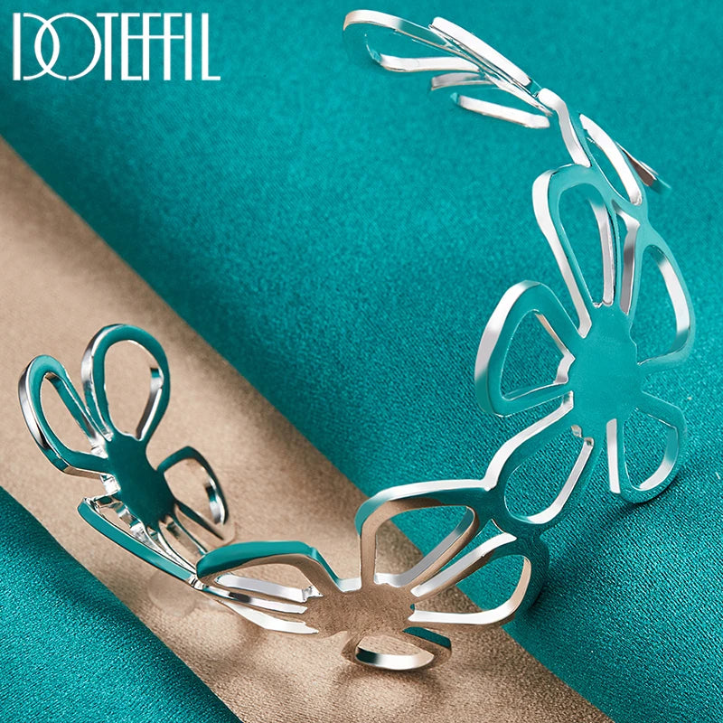 925 Sterling Silver 18 Inch Chain Flower Necklace Bangle Earring Set