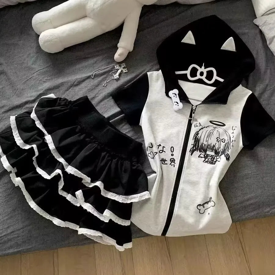 Cartoon Short Sleeve Jacket Skirt Set