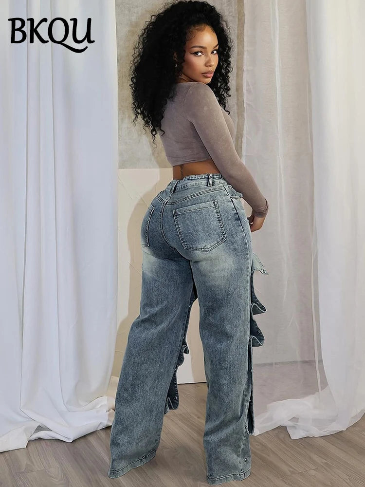 High-Waisted Wide-Leg Cargo Jeans with Snap Button Overlays