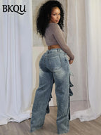 High-Waisted Wide-Leg Cargo Jeans with Snap Button Overlays