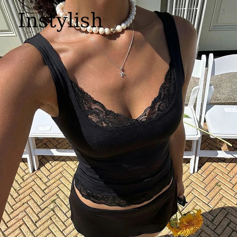 Square Collar Backless Slim Lace Ruffles Patchwork Tank Top