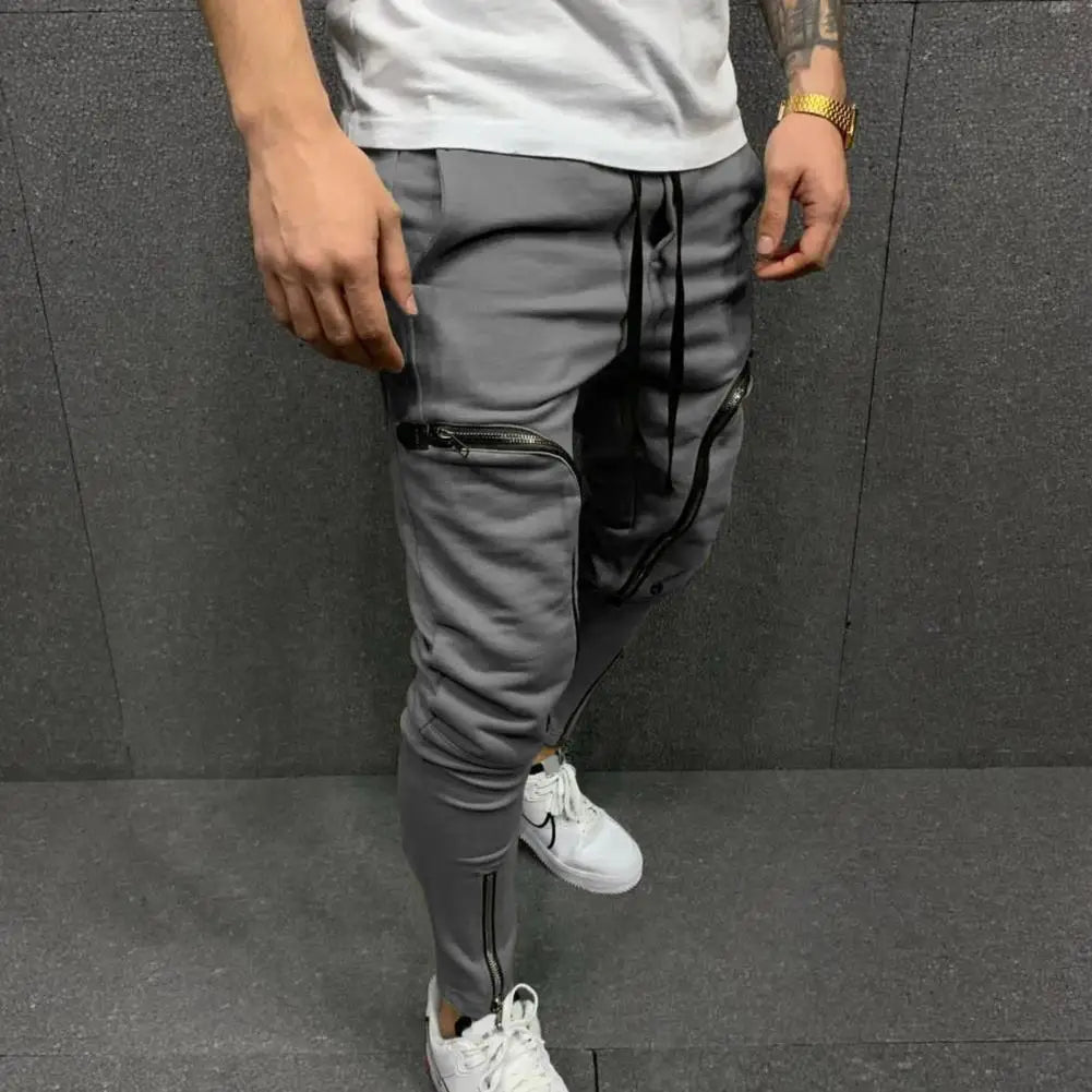 Solid Color Drawstring Casual Multi Zippers Pockets Trousers
