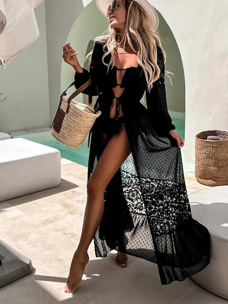 Lace Patchwork Bikini Chiffon Beach Dress Cover Up