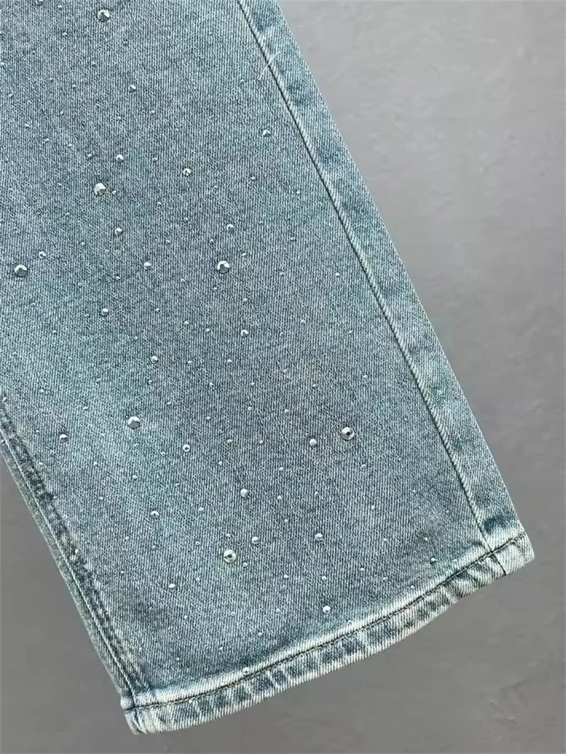 Rhinestone High Waist Wash Jeans