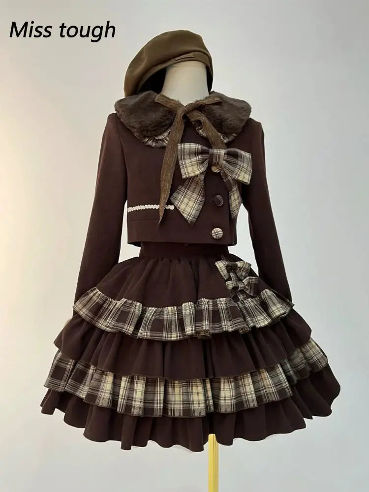 Brown Checkered Bow Coat + Cake Mini Skirt Set