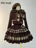 Brown Checkered Bow Coat + Cake Mini Skirt Set