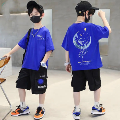 韓国子供服 2025年夏 Tシャツ クジラ漫画柄トップス ファッション 男の子 半袖 綿Tシャツ 女の子服