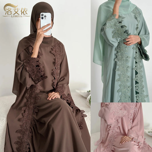Eid Dress Abaya Suit Lace Cardigan Robe Women Muslim Dresses 2 Piece Set Ramadan Dubai Party Abayas Kaftan Vestidos Jalabiya