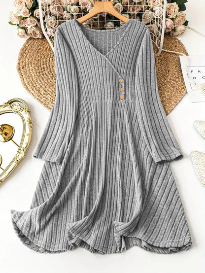 Solid Color V-Neck Long Sleeve Stripe Dress