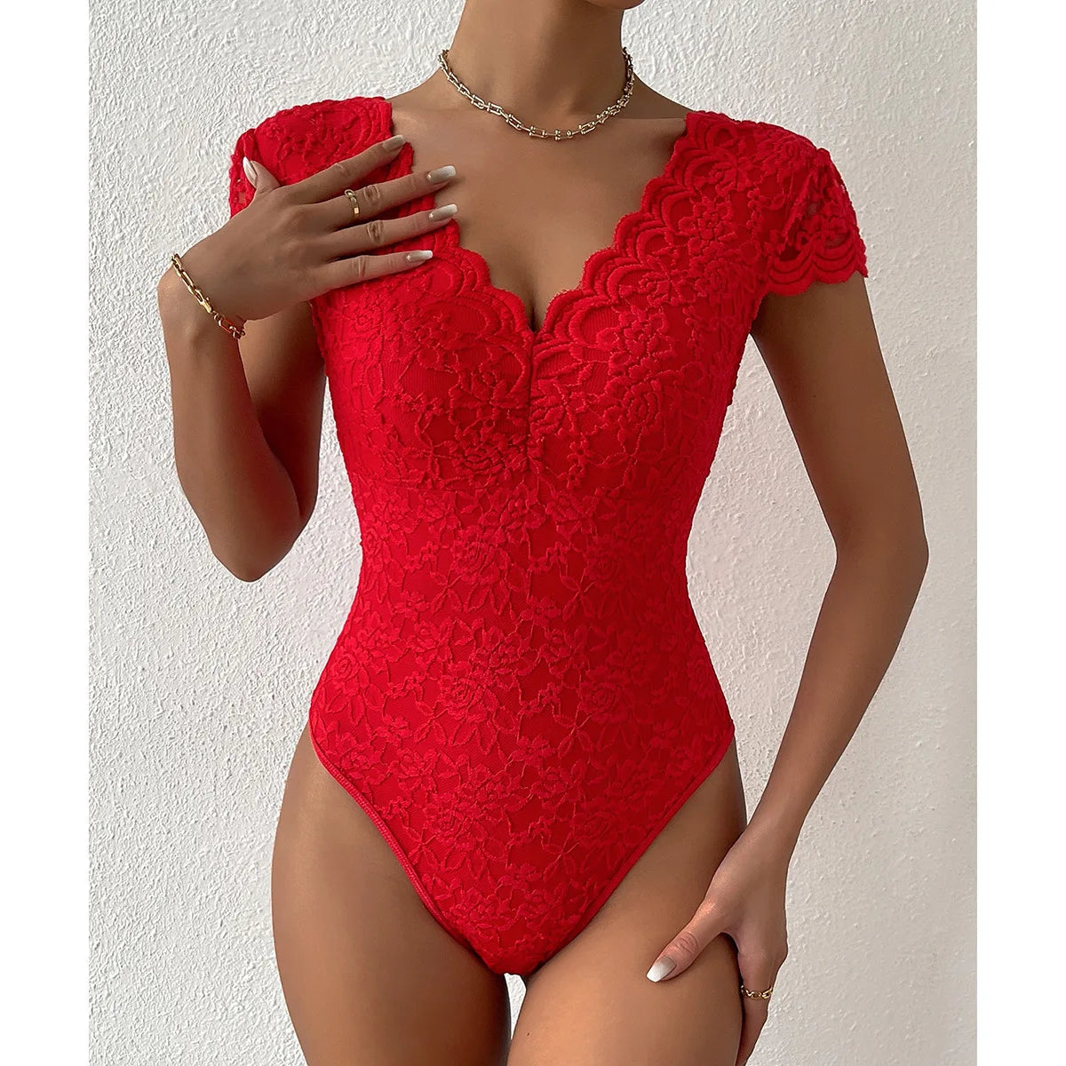 Embroidery Floral Contrast Lace Teddy Bodysuit