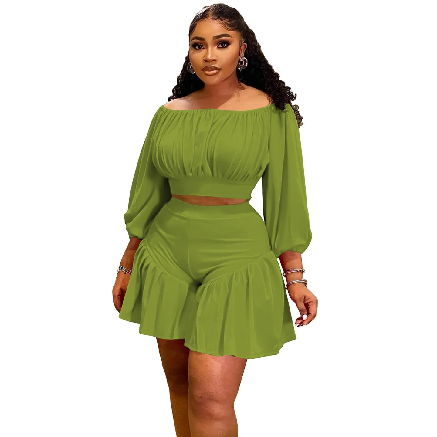 CM.YAYA Long Sleeve Slash Neck T-Shirt and Shorts Set