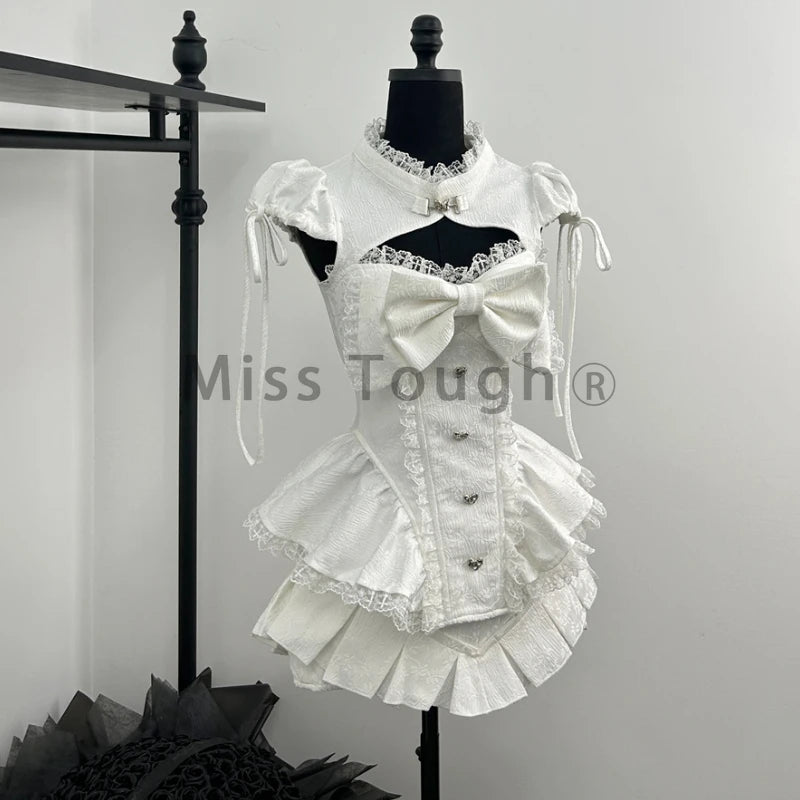 High-Neck Keyhole Cutout Corset Top and Tiered Ruffle Mini Skirt with Oversized Bow