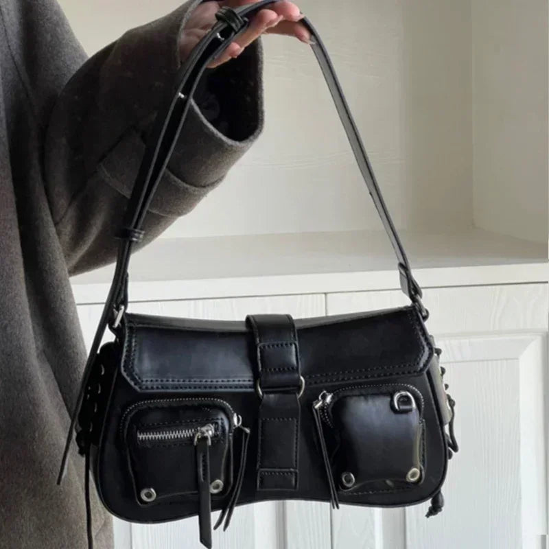Faux Leather Multi-Pocket Baguette Handbag