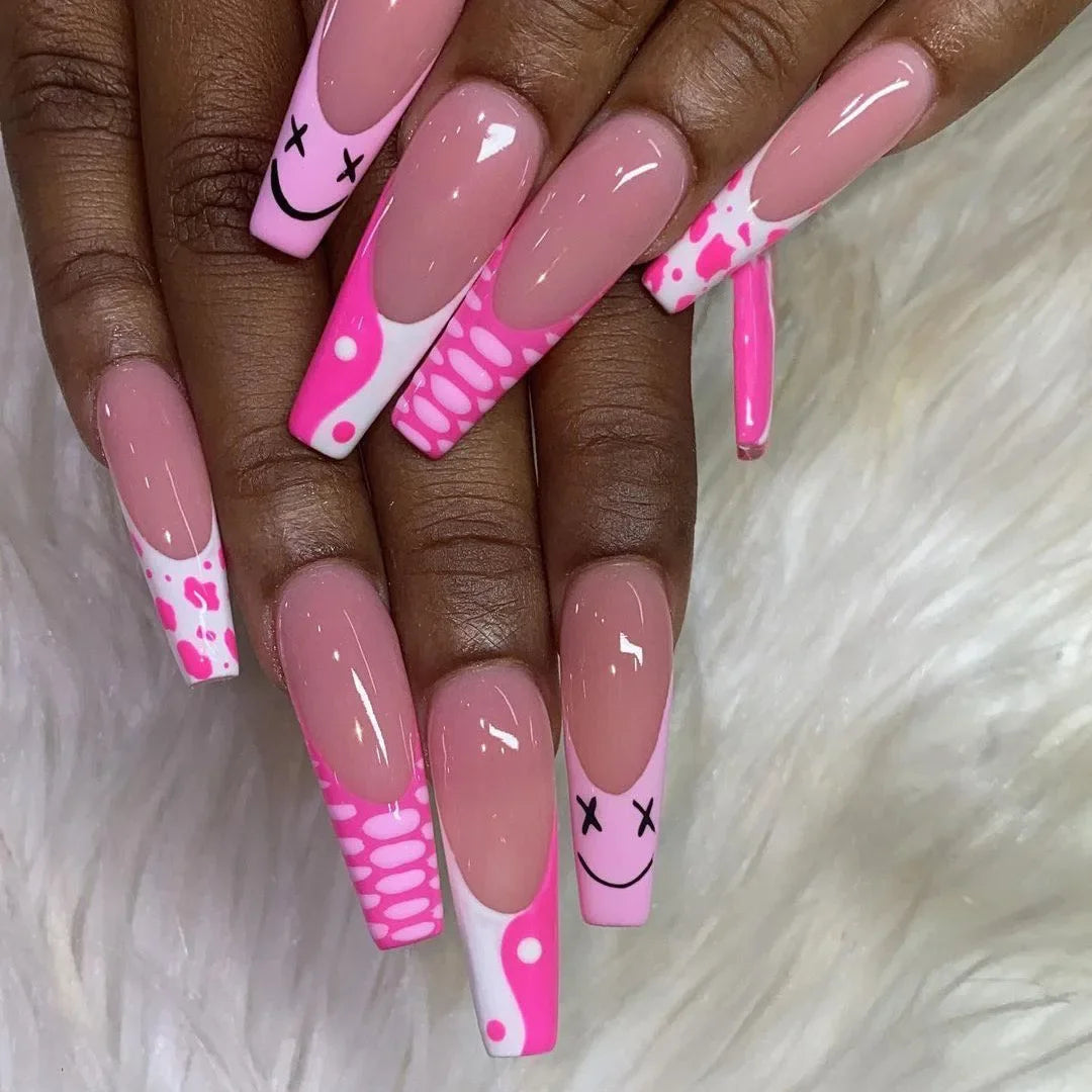 Sea Wave Carp Japanese Style Doodle False Nails Detachable Nude Pink Long Coffin Fake Nails with Glue Full Cover Press on Nails