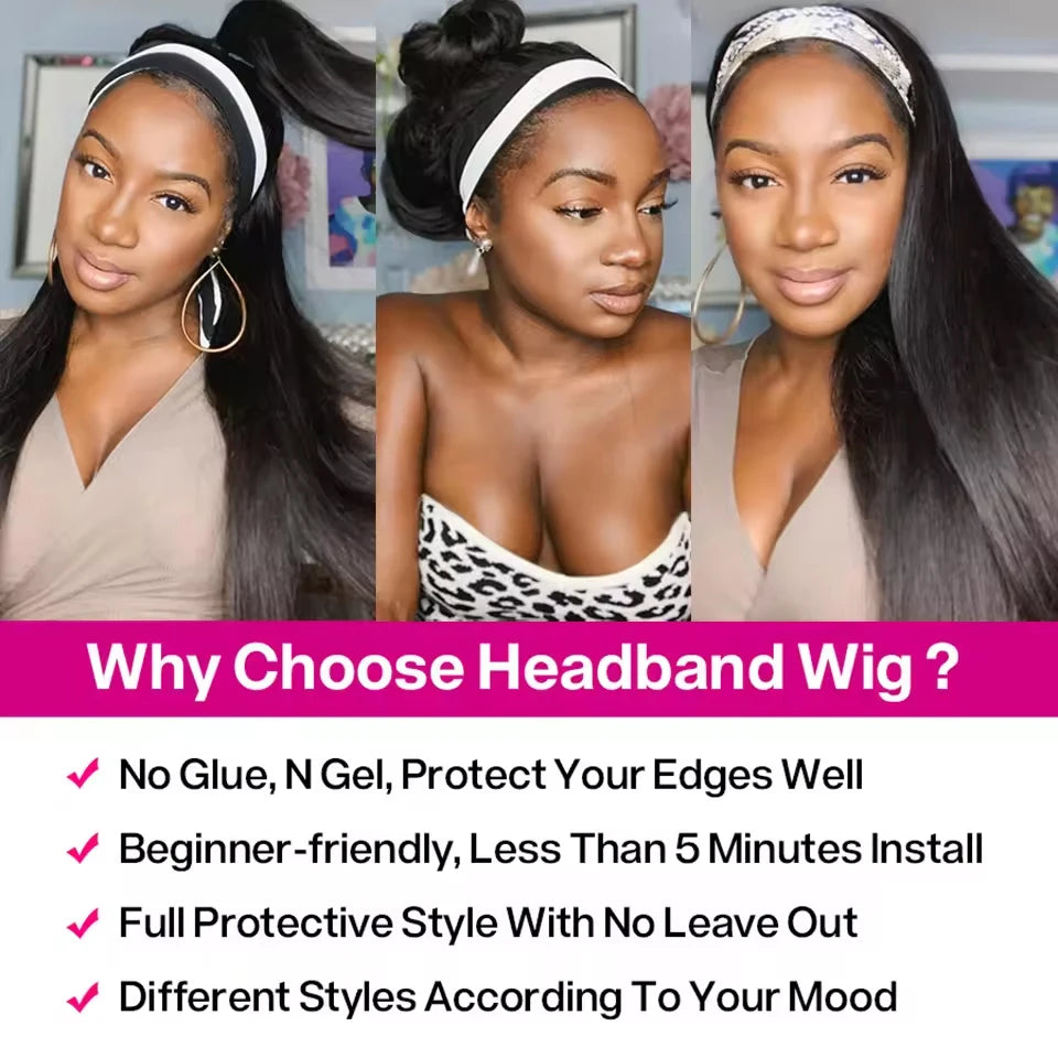 Headband Human Hair Straight Wig