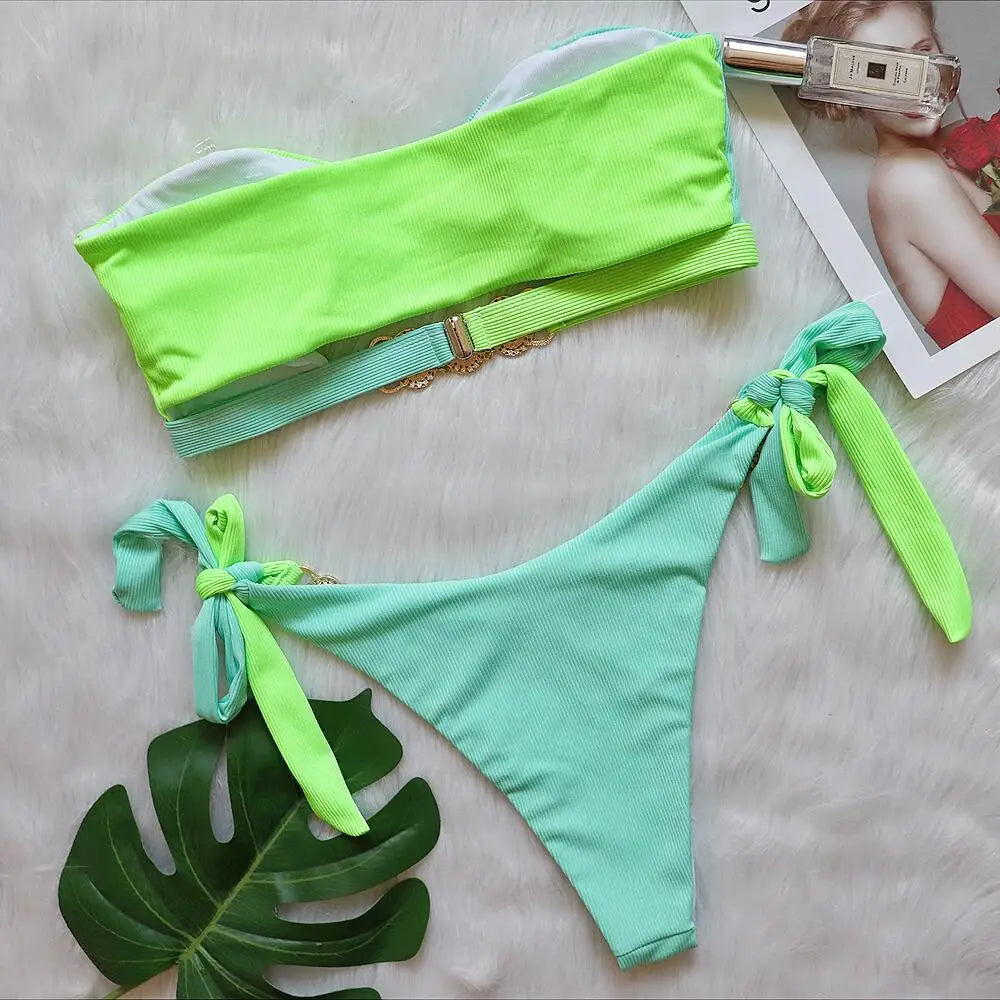 Patchwork Cut Out Rhinestone Bikini