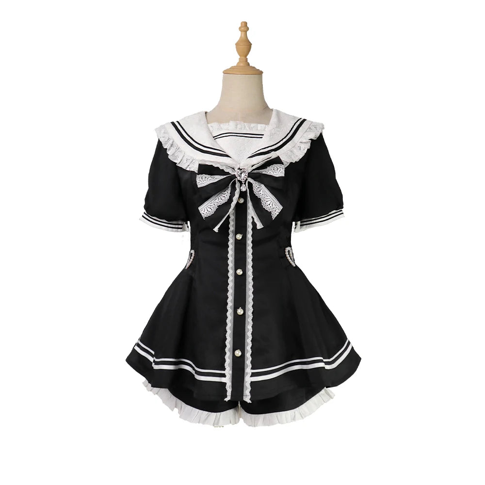 Sweet Short Sleeve Sailor Collar Lace Dress and Shorts Set