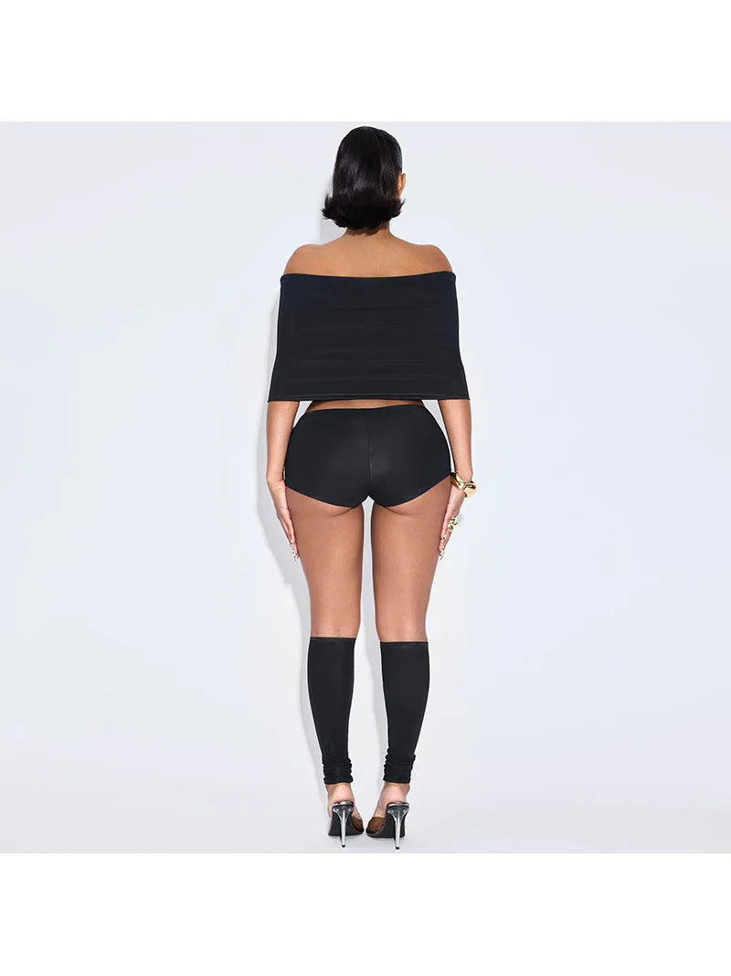 One Shoulder Top Fit Three Part Shorts Calf Socks Three Piece Set