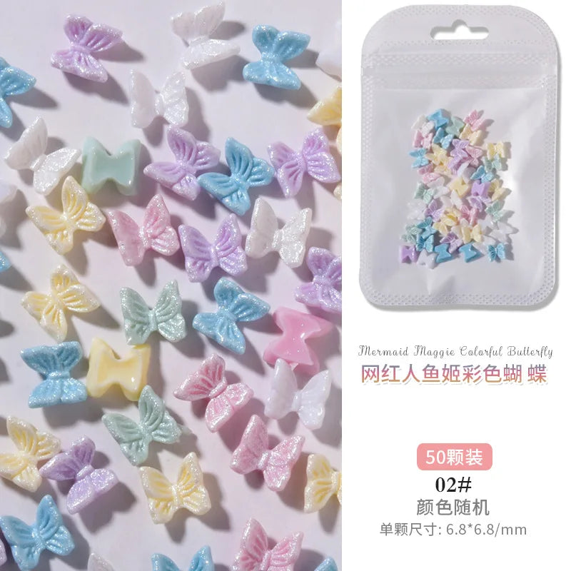 50PCS Aurora Acrylic 3D Nail Art Bow Charm For Nails Decoration Design Kawaii Manicure Accessories Bow-knot DIY Craft Supplies