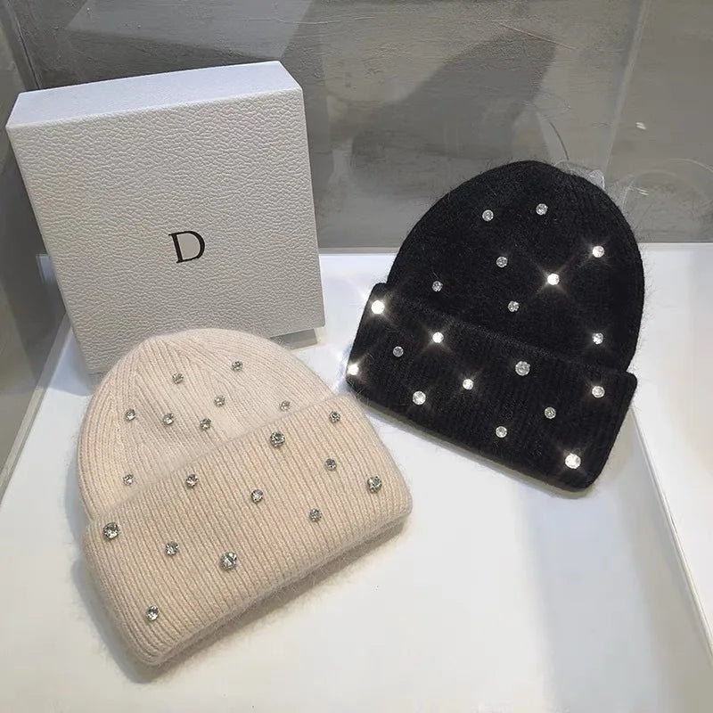 Luxury Rhinestone Rabbit Hair Knitted Beanie