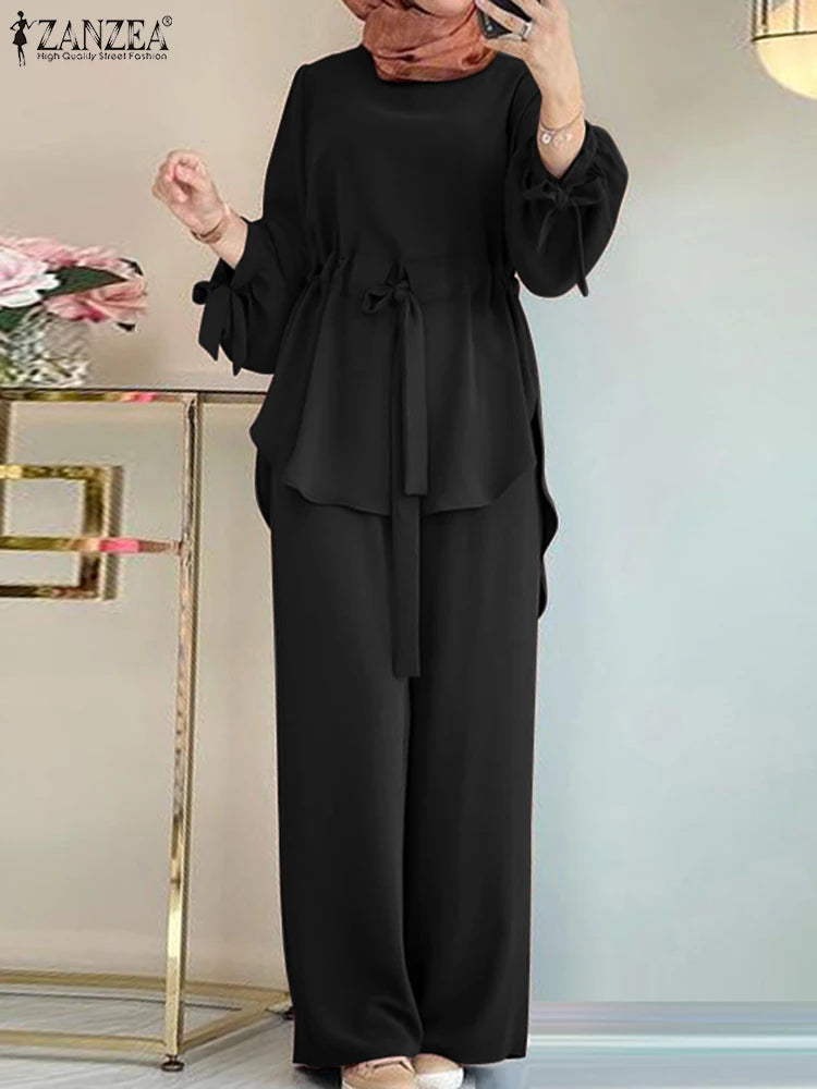 2024 ZANZEA Women Long Sleeve Blouse Pant Suits Fashion Abaya Hijab Tracksuits IsIamic Clothing 2PCS Vintage Autumn Muslim Sets