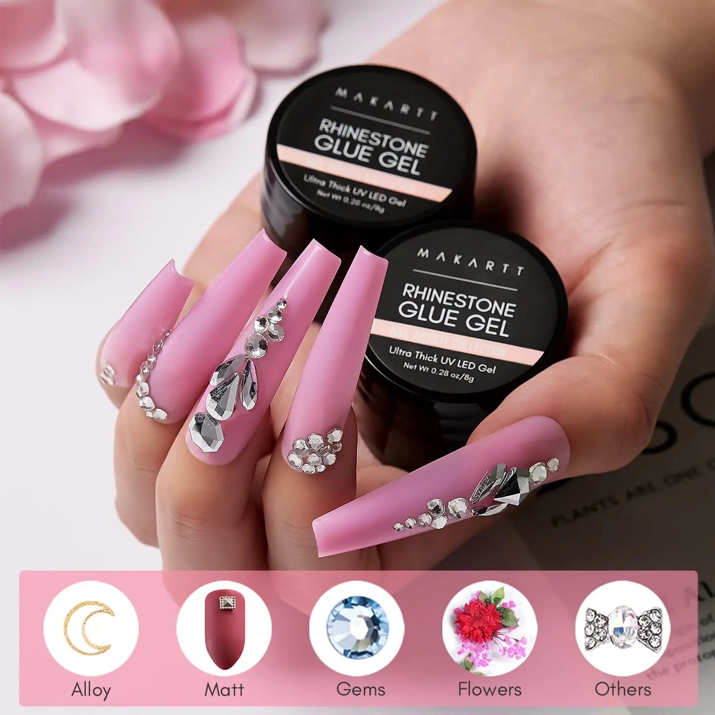 Makartt Nail Rhinestone Glue Gel Kit,  Clear Nail Gem Glue Gel Super Strong Adhesive Nail Art Glue for Nail Decorations 3D Stone