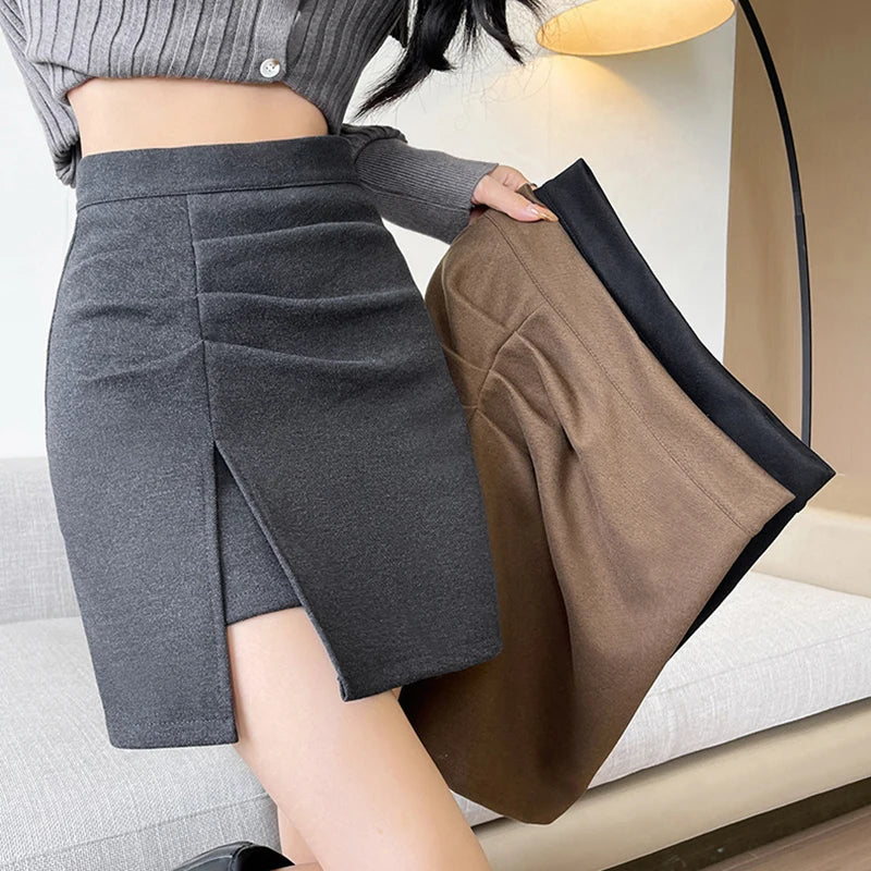 Side Split Woolen Mini Skirt