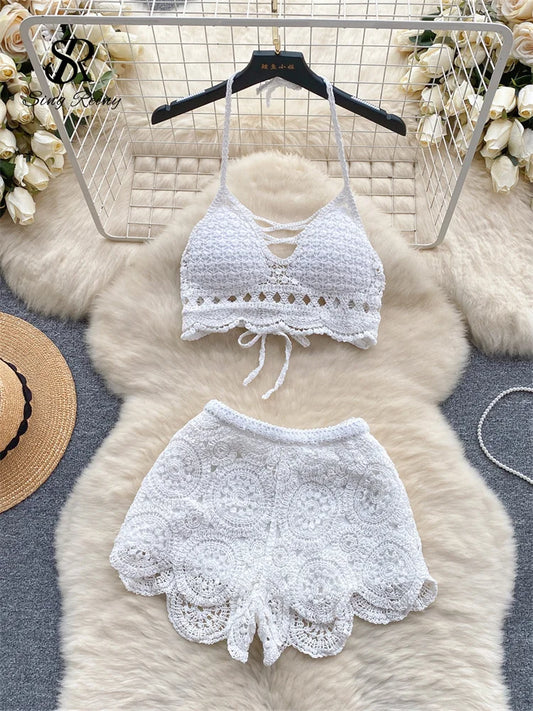 SINGREINY Knitted Suit Backless Sexy Cami + Hooked Hollow Wide Legs Shorts Set