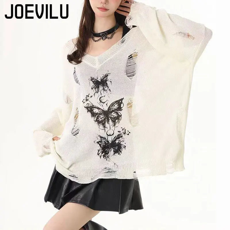 Graffiti Butterfly Hollow-Out Knit Top