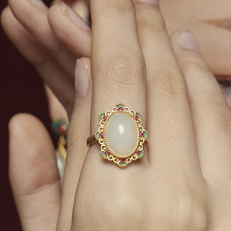 Hetian Jade Flower Ring