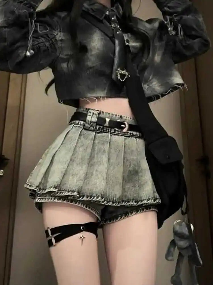 High-Waisted Acid Wash Pleated Denim Skort