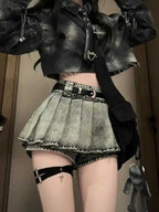 High-Waisted Acid Wash Pleated Denim Skort