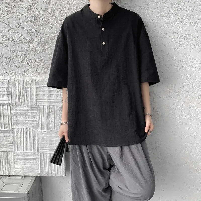Summer Henry Collar Cotton Linen Tee