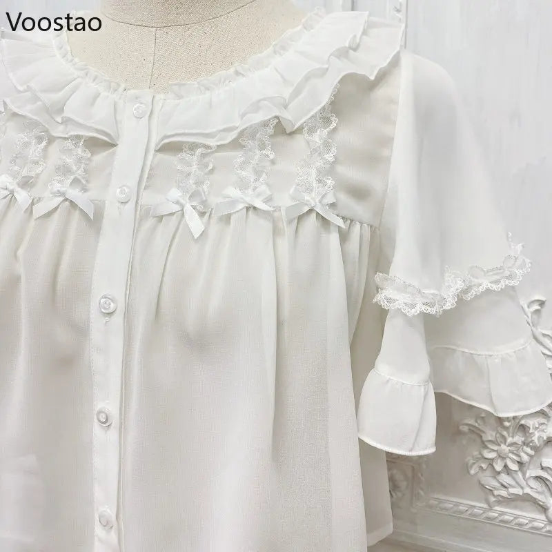 Bow Lace Ruffles O-Neck Short Shirt