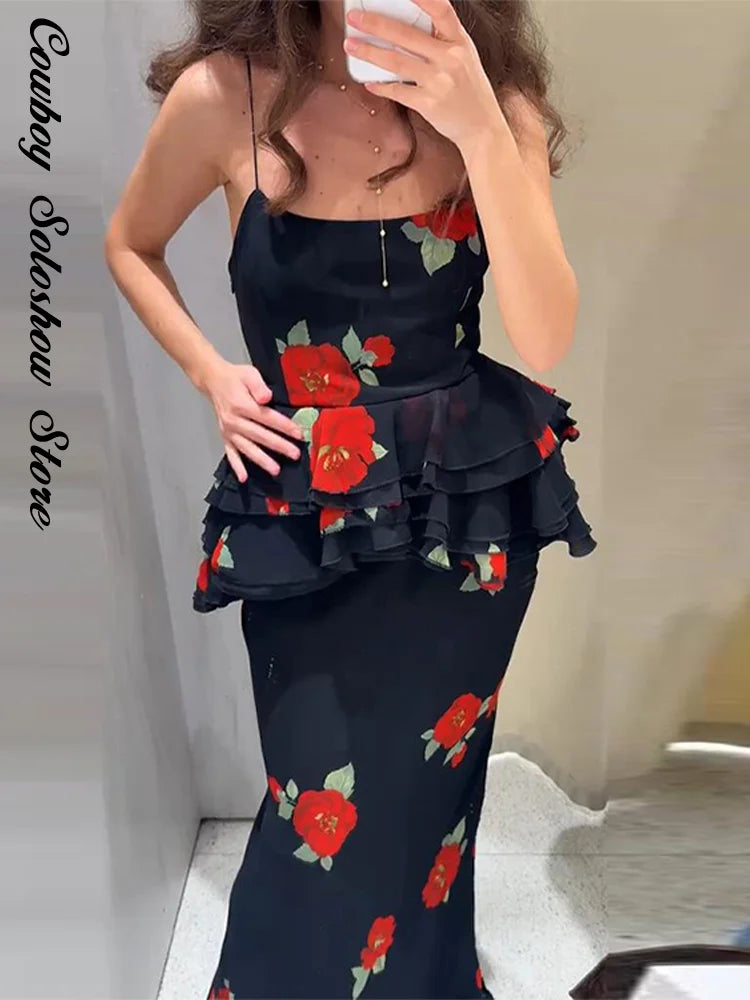 Printed Ruffle Top Skirt Set