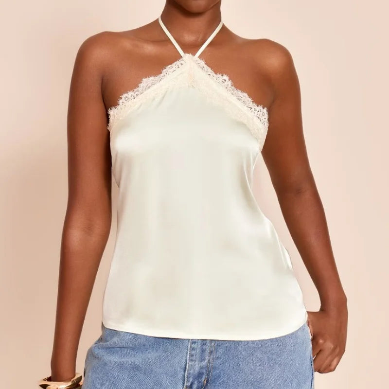 Lace Trim Halter Neck Tank Top