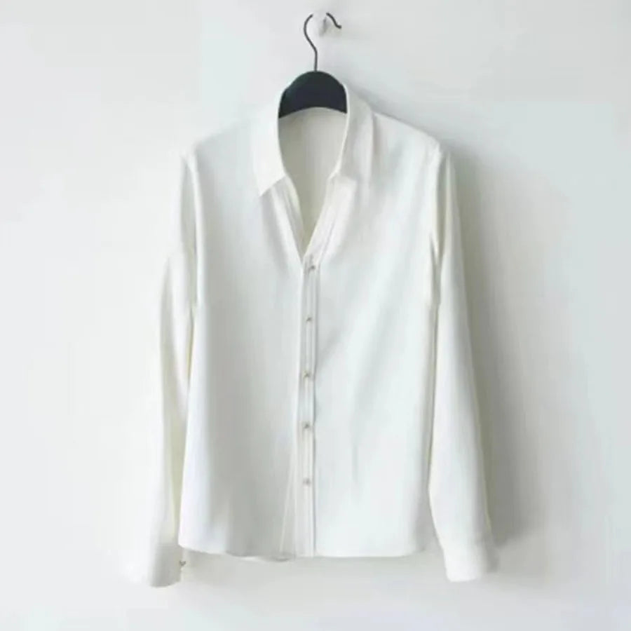 Metallic Buttons V-Collar Long-Sleeved Blouse