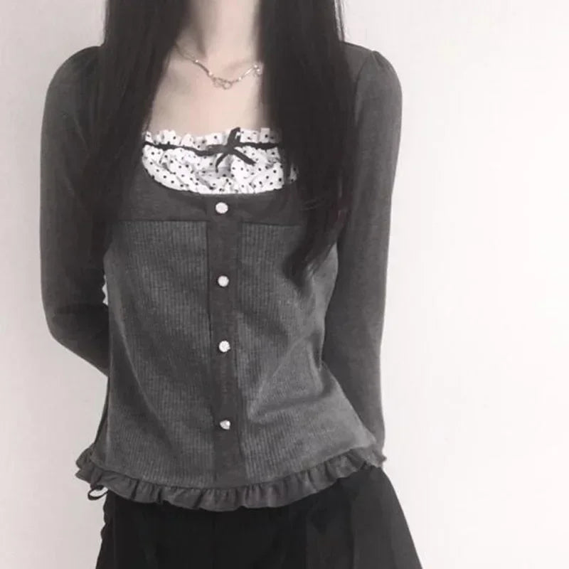 Polka Dot Print Contrast Patchwork Knitted Top