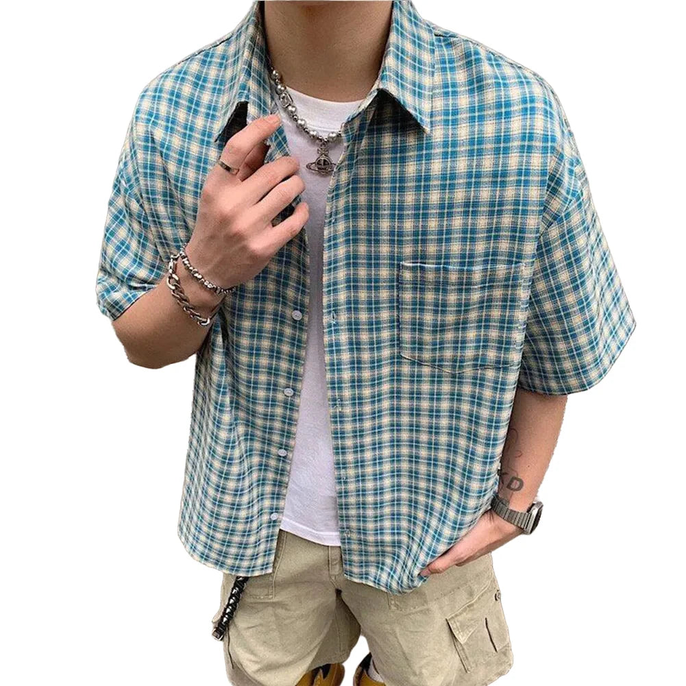 Plaid Lapel Short Sleeved Shirt
