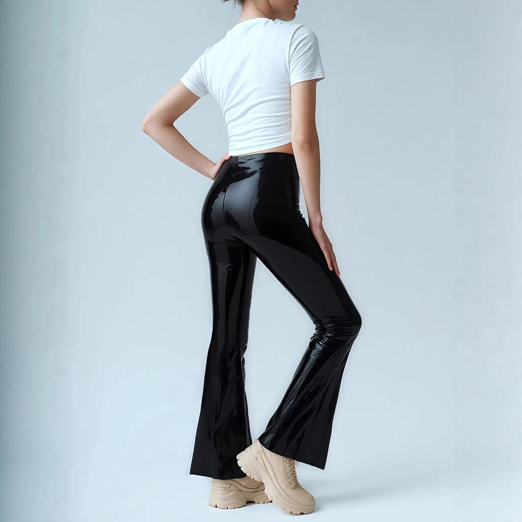 High Waist Black PU Mirror Leather Pants